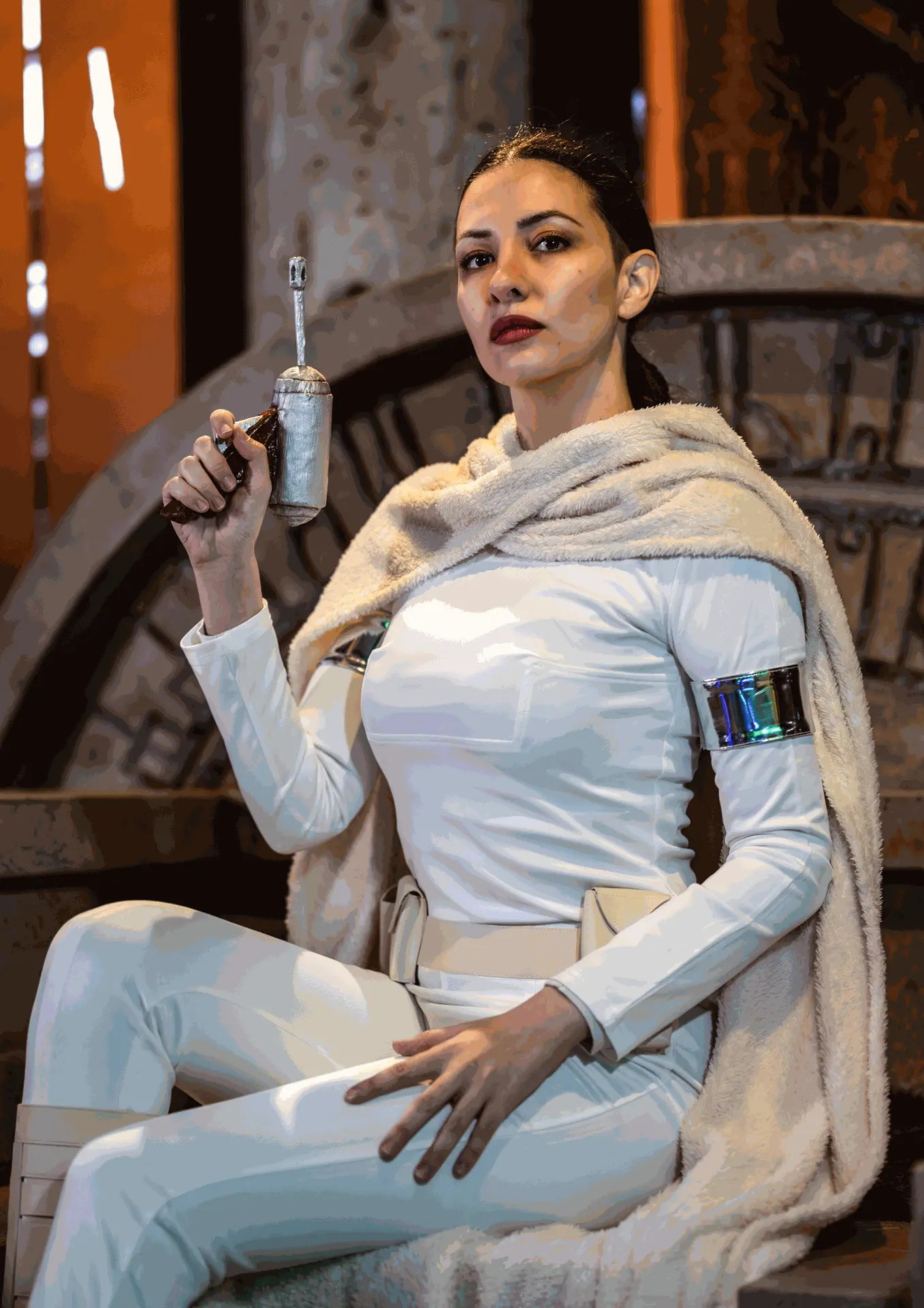 Cosplay Padmé Amidala Star Wars traje blanco con capa y blaster por Soyittara