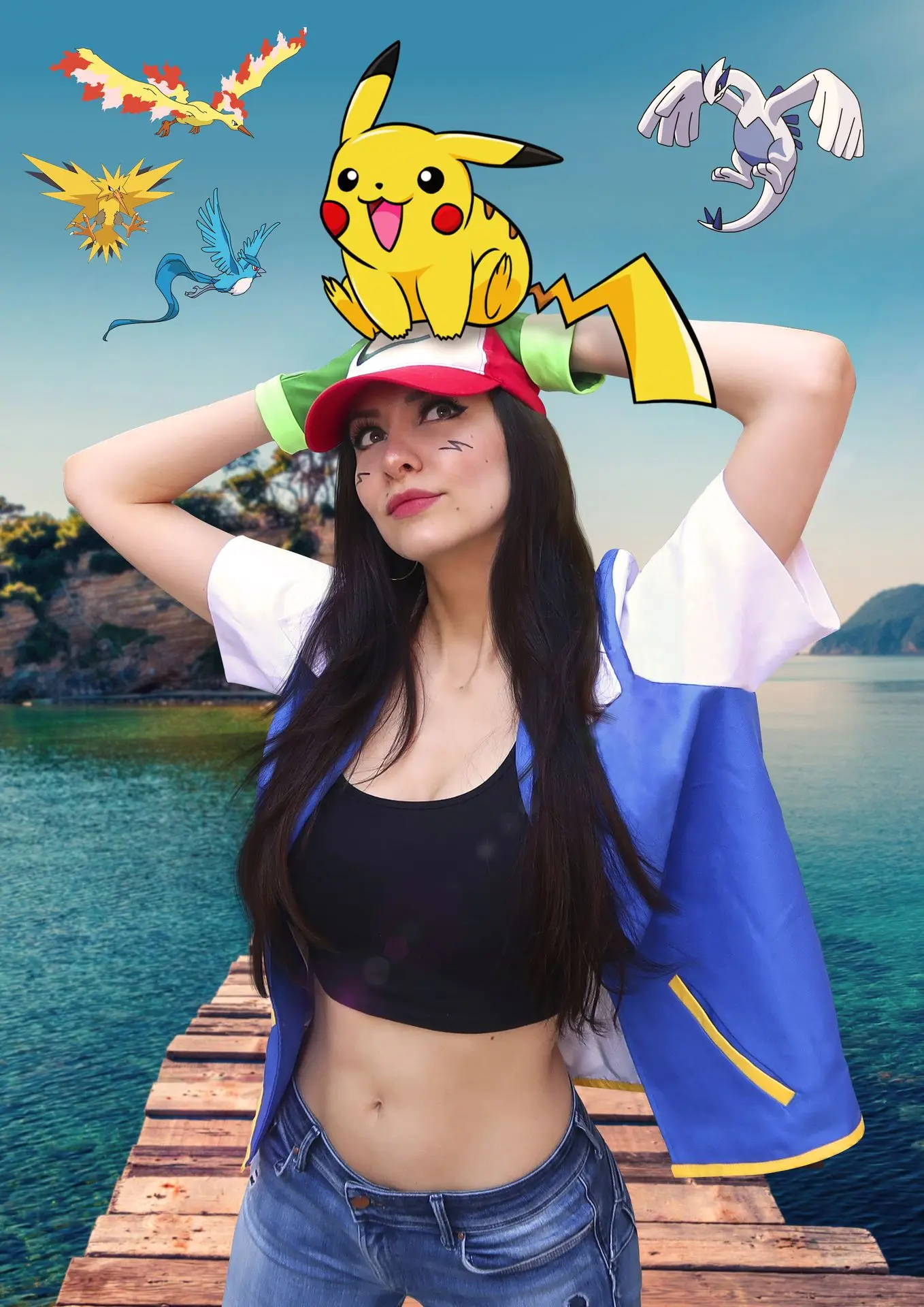 Ash Ketchum con Pikachu, Lugia, Moltres, Zapdos y Articuno