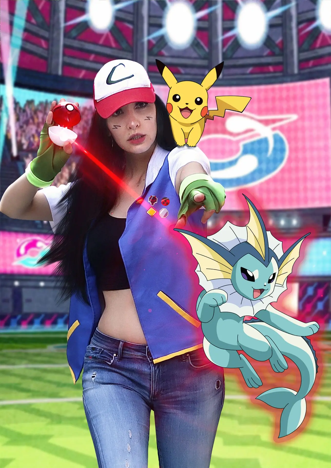 SoyIttara con cosplay de Ash ketchum de pokemon en un combate