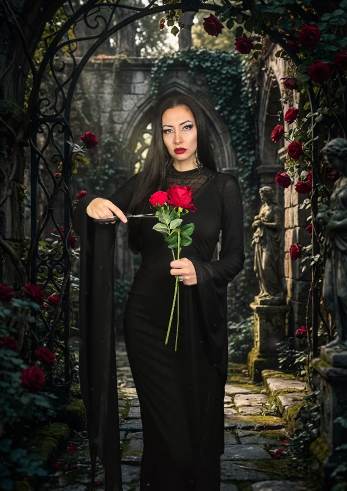 Cosplay Morticia Addams cortando rosas