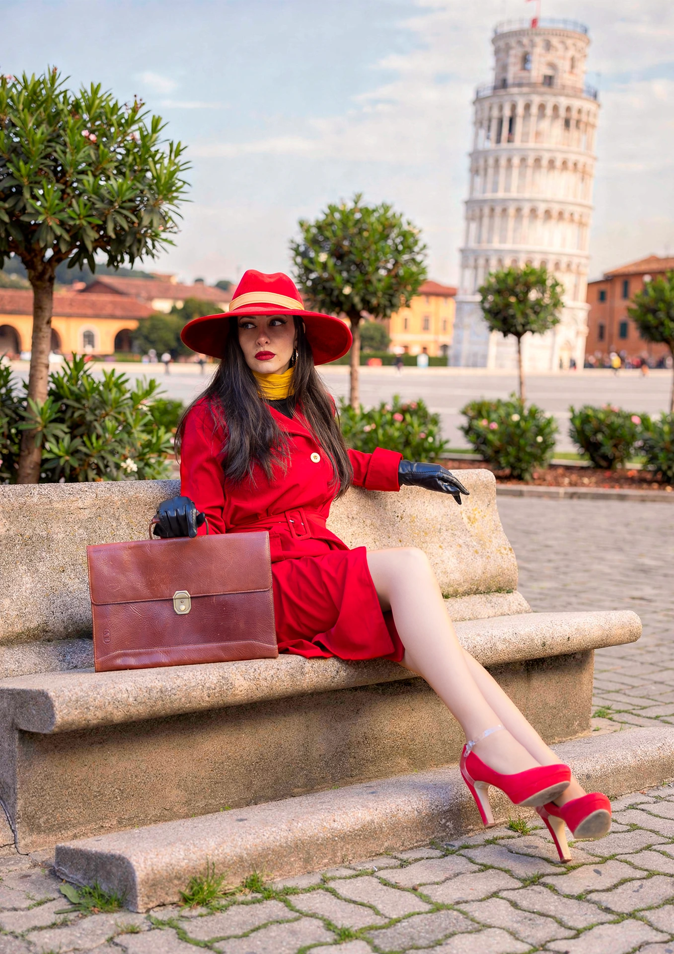 SoyIttara con cosplay de Carmen Sandiego en la torre de Pisa